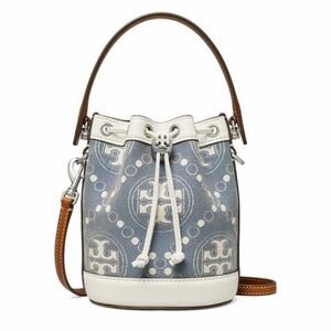 NWT Tory Burch Mini T Monogram Denim Bucket Bag Pearl Blue